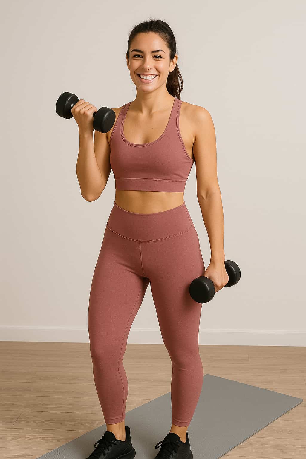 Mujer entrenando en casa con conjunto deportivo