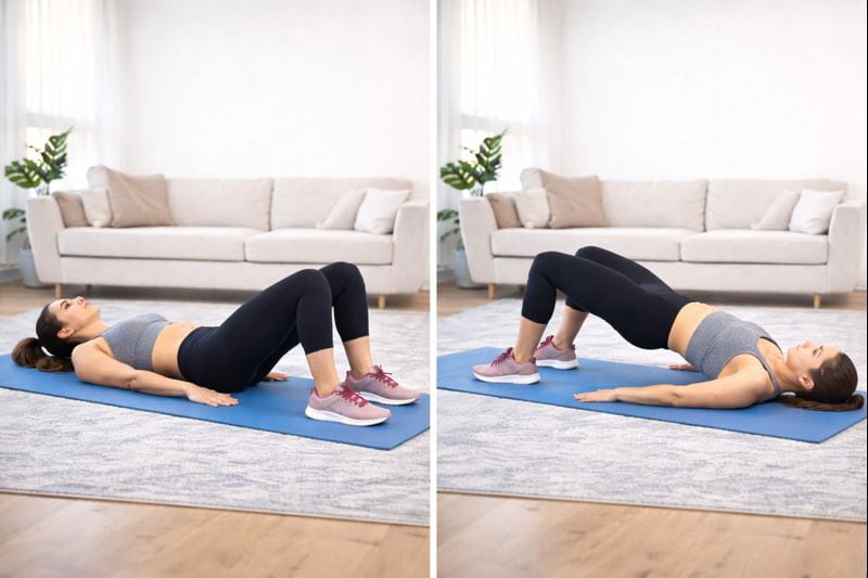 Puente de glúteos en esterilla para volver a entrenar después de navidades en casa