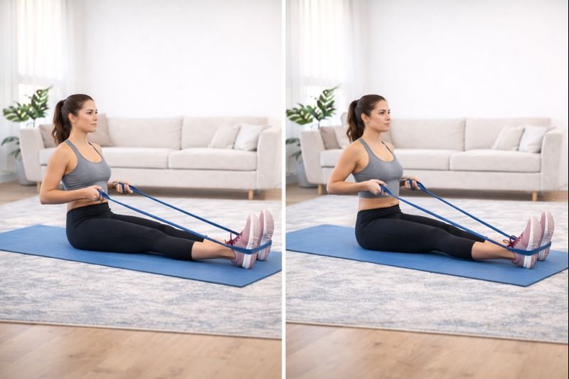 Remo con banda elástica en casa para volver a entrenar después de navidades