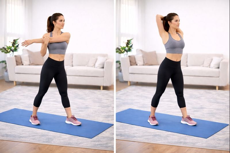 Estiramiento de hombros para relajar después de entrenar en casa tras Navidad